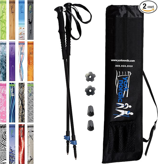 York Nordic Hiking & Walking Poles - Cushion Foam Grips w/Nordic Strap - Lightweight, Adjustable, and Great for Balance -2 Pieces w/Flip Locks, and Travel Bag - Heights 5'4"-6'2"