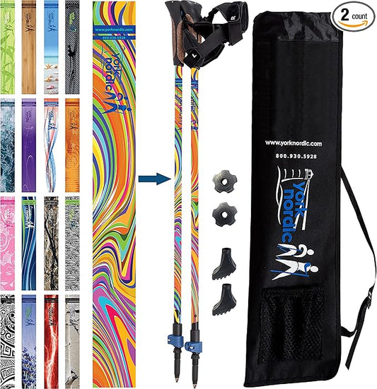 Official Nordic Walking Poles - True Classic Nordic Glove Grips, Lightweight, Adjustable, and Collapsible -2 Pieces w/flip Locks, Detachable Feet and Travel Bag by York Nordic - Heights 5'4"-6'2"