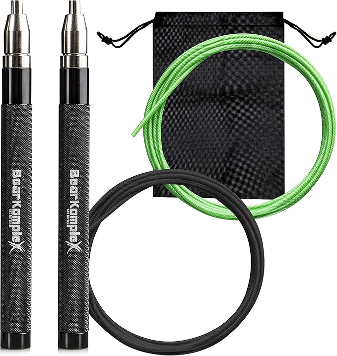 Bear KompleX - Speed Jump Rope - Adjustable Cross Training Boxing Fitness, Tangle-Free Skipping Rope Steel Cable 360° Swivel Bearings, Lightweight Aluminum Handles - Professional Size, Black Ice Color