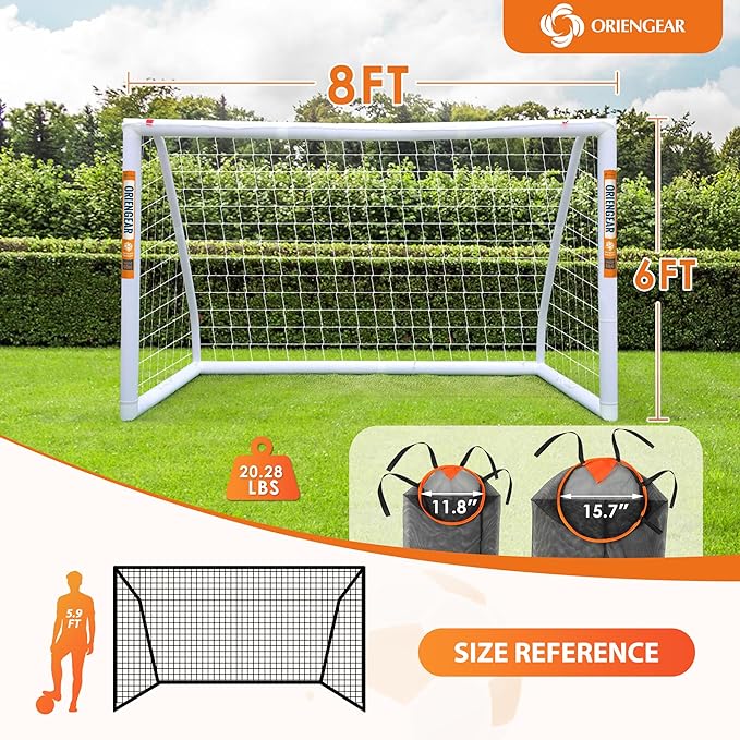 ORIENGEAR Soccer Goal, 12x6/10x6.5/8x6/6x4 Full Size Soccer Goals for Backyard, Soccer Net with Training Discs, Portable Soccer Goal for Kids and Adults with 1 Carry Bag, Porterias De Futbol