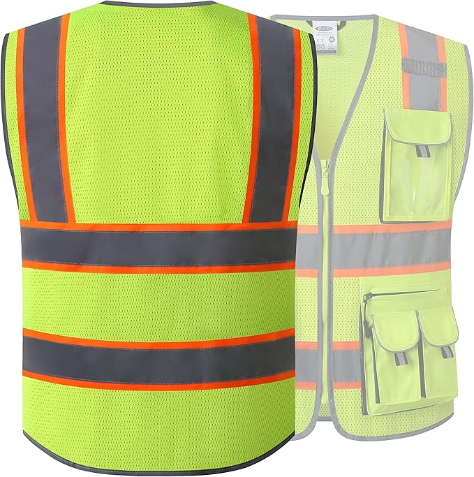 JKSafety 10 Pockets Hi-Vis Neon Color Frontal Zipper Mesh Safety Vest for Men Women Safety Utility for works Comply to ANSI/ISEA Class 2 (86-Yellow L)