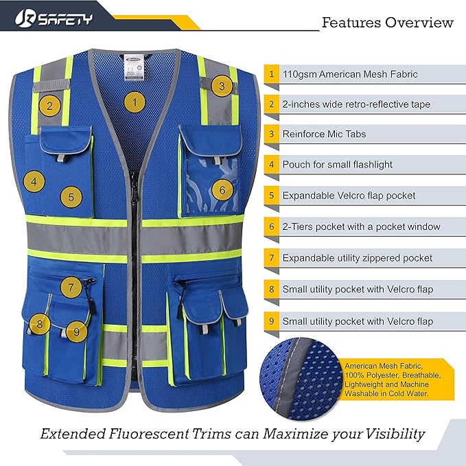 JKSafety 10 Pockets Hi-Vis Neon Color Frontal Zipper Mesh Safety Vest for Men Women Safety Utility for works Comply to ANSI/ISEA Standards (86-Blue M)