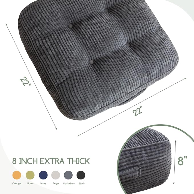 8" Washable Floor Pillow Cushion for Adults, Meditation Cushion Pillow, Large Square Floor Sitting, Removable Tufted Corduroy Cover, for Tatami Living Room or Yoga, 22x22 Inch, 2Pack, Machine Washable
