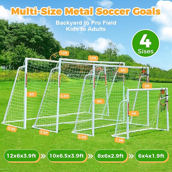 Soccer Goal 12x6,10x6.5, 8x6, 6x4FT Soccer Goals for Backyard Metal Soccer Goals for Kids Youth Adults Large Outdoor 2" Steel Soccer Goal Post Frame with Soccer Net Target Net Portable Agility Ladder