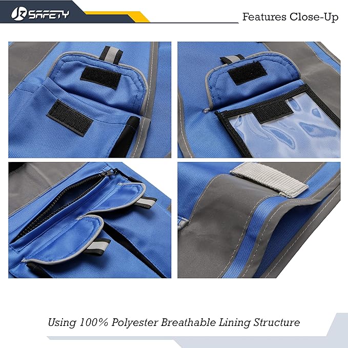 JKSafety 10 Pockets Blue Color Safety Vest Zipper Front with High Reflective Strips Meets ANSI/ISEA Standards (88-Blue, XX-Large)