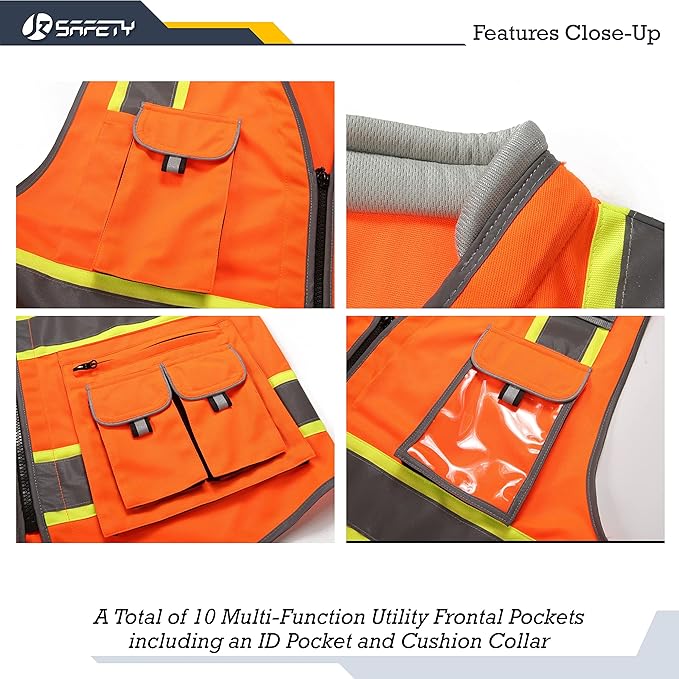 JKSafety 10 Pockets Class 2 Hi-Vis Zipper Front Safety Vest | Cushioned Collar | High Reflective Tapes with Extended Neon Yellow Strips | Meets ANSI/ISEA Standards (4X-Large, 89-Orange)