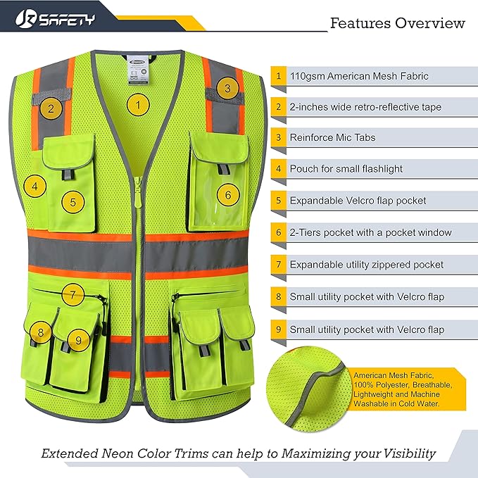 JKSafety 10 Pockets Hi-Vis Neon Color Frontal Zipper Mesh Safety Vest for Men Women Safety Utility for works Comply to ANSI/ISEA Class 2 (86-Yellow XL)