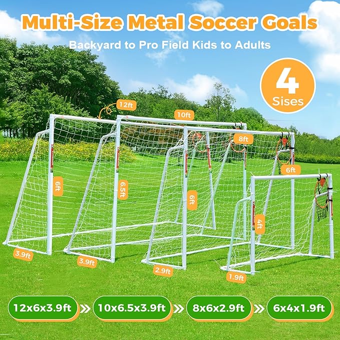 Soccer Goal 12x6,10x6.5, 8x6, 6x4FT Soccer Goals for Backyard Metal Soccer Goals for Kids Youth Adults Large Outdoor 2" Steel Soccer Goal Post Frame with Soccer Net Target Net Portable Agility Ladder