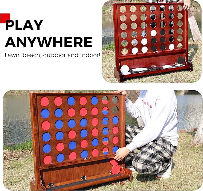 Giant Wooden 4 in a Row Connect Games with Folding Tray - Yard Outdoor Beach Games with Carrying Case - Two Styles to Play - Patented Product
