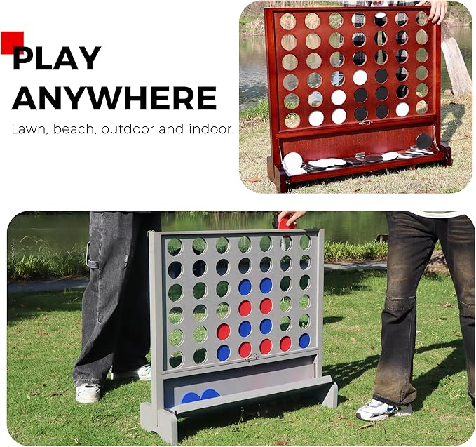 Giant Wooden 4 in a Row Connect Games with Folding Tray - Yard Outdoor Beach Games with Carrying Case - Two Styles to Play - Patented Product