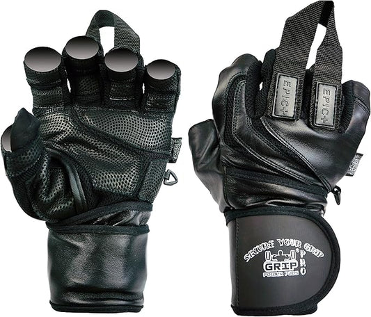 Epic Leather Gym Gloves with Built in 2" Wide Wrist Wraps Grip & Design for Weightlifting Power Lifting Bodybuilding & Strength Training Workout Exercises, Size : X-Large 8 5/8" - 9 1/2"