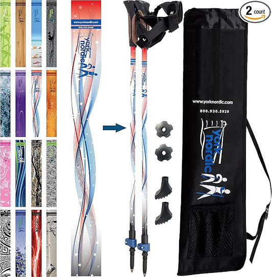 Official Nordic Walking Poles - True Classic Nordic Glove Grips, Lightweight, Adjustable, and Collapsible -2 Pieces w/flip Locks, Detachable Feet and Travel Bag by York Nordic - Heights 5'4"-6'2"