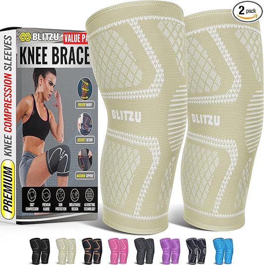 Knee Brace for Women & Men, 2 Pack Compression Knee Brace, Knee Support Sleeve for Pain Relief, Running, Workout, Sports, Knee Braces for ACL, Meniscus Tear, Arthritis and Injury Recovery Beige S