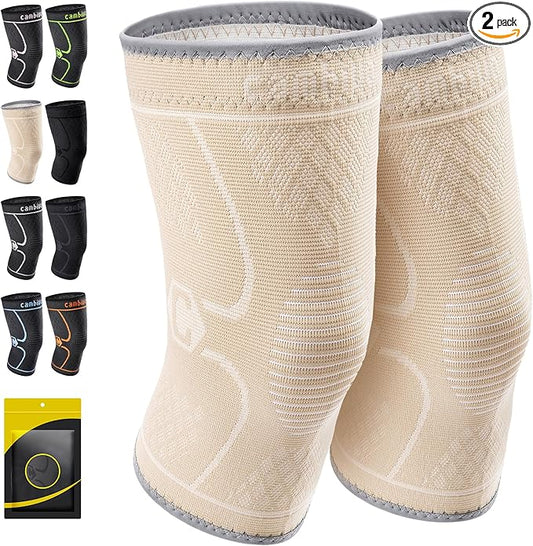 CAMBIVO 2 Pack Knee Brace, Knee Compression Sleeve Support for Men and Women, Knee Pads for Running, Hiking, Meniscus Tear, Arthritis,Joint Pain Relief (Beige,Small)