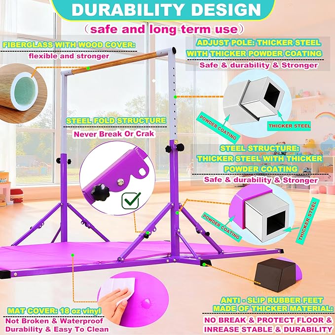 MARFULA Gymnastic Bar for Kid and Teenage Ages 3-25, 5 FT / 8 FT Base Length, 4 FT Width 5 FT Height, Gymnastic Kip Bar Horizontal Bar for Gymnast, Gymnastic Training Equipment for Home and Club Use