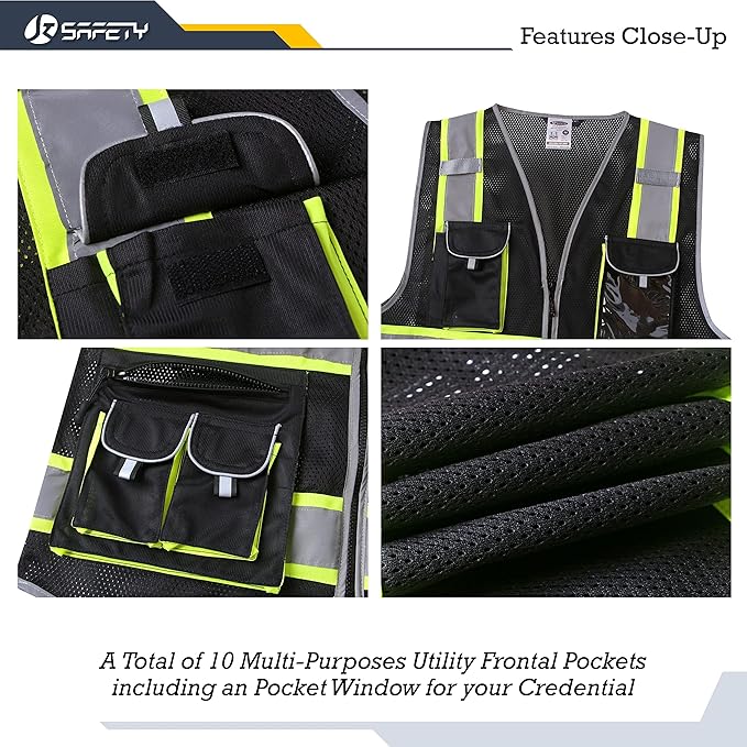 JKSafety 10 Pockets Hi-Vis Neon Color Frontal Zipper Mesh Safety Vest for Men Women Safety Utility for works Comply to ANSI/ISEA Standards (86-Black XXL)