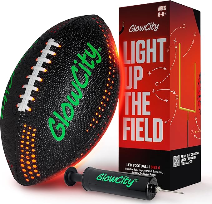 GlowCity Glow in The Dark Football - Size 3/6 Light Up Ball Gifts for Kids, Teens & Adults - Bright Football for Night Outdoor Games - Sports Birthday Gift Ideas for Boys Ages 6 7 8 9 10 11 12 13 14