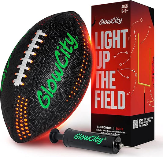 GlowCity Glow in The Dark Football - Size 3/6 Light Up Ball Gifts for Kids, Teens & Adults - Bright Football for Night Outdoor Games - Sports Birthday Gift Ideas for Boys Ages 6 7 8 9 10 11 12 13 14