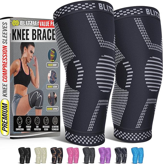 Knee Brace for Women & Men, 2 Pack Compression Knee Brace, Knee Support Sleeve for Pain Relief, Running, Workout, Sports, Knee Braces for ACL, Meniscus Tear, Arthritis and Injury Recovery Jet Black M
