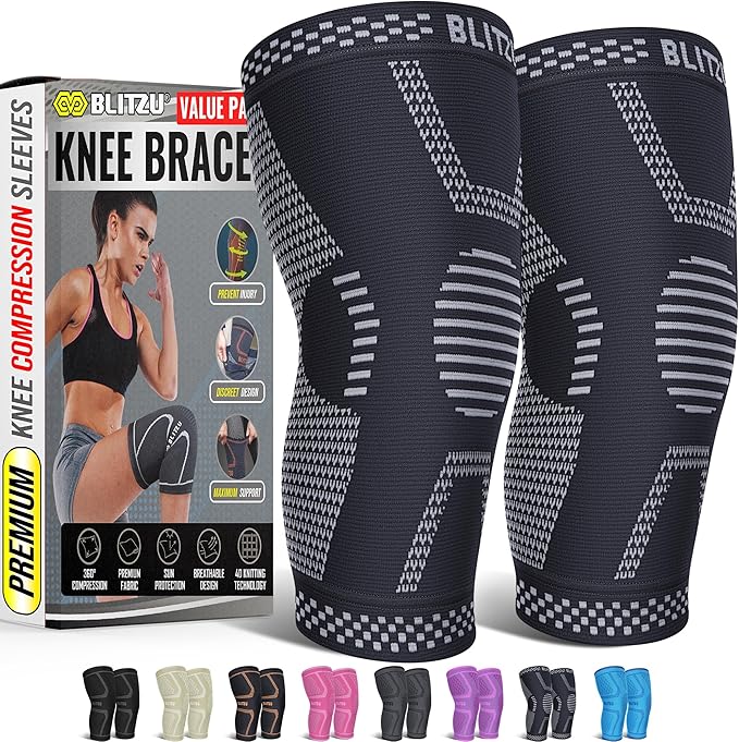 Knee Brace for Women & Men, 2 Pack Compression Knee Brace, Knee Support Sleeve for Pain Relief, Running, Workout, Sports, Knee Braces for ACL, Meniscus Tear, Arthritis and Injury Recovery Jet Black L