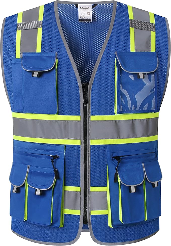 JKSafety 10 Pockets Hi-Vis Neon Color Frontal Zipper Mesh Safety Vest for Men Women Safety Utility for works Comply to ANSI/ISEA Standards (86-Blue M)