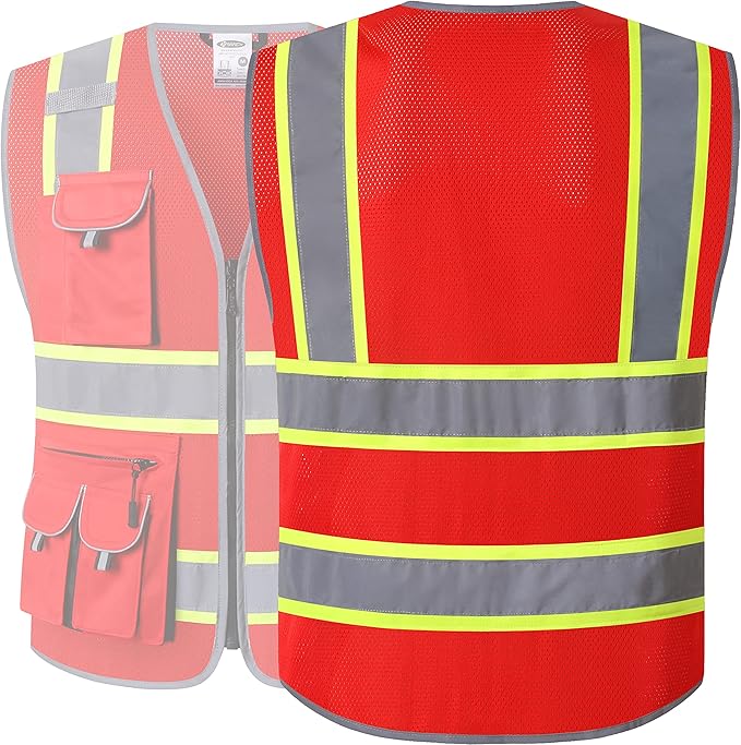 JKSafety 10 Pockets Hi-Vis Neon Color Frontal Zipper Mesh Safety Vest for Men Women Safety Utility for works Comply to ANSI/ISEA Standards (86-Red 3XL)