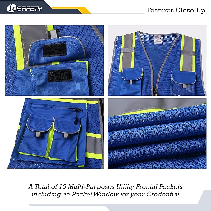 JKSafety 10 Pockets Hi-Vis Neon Color Frontal Zipper Mesh Safety Vest for Men Women Safety Utility for works Comply to ANSI/ISEA Standards (86-Blue 5XL)