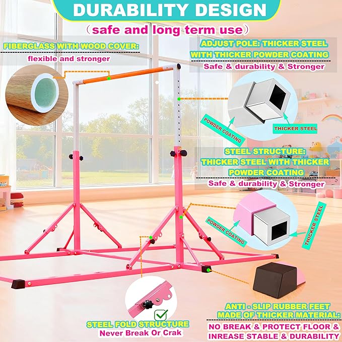MARFULA Gymnastic Bar for Kid and Teenage Ages 3-25, 5 FT / 8 FT Base Length, 4 FT Width 5 FT Height, Gymnastic Kip Bar Horizontal Bar for Gymnast, Gymnastic Training Equipment for Home and Club Use