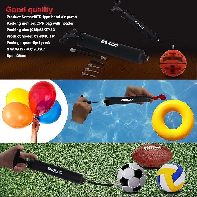 SKOLOO 10" Portable Hand Air Ball Pump Inflator Kit with Needle, Nozzle, Extension Hose for Soccer Basketball Football Volleyball Water Polo Rugby Exercise Sports Ball Balloon Swim Inflatables