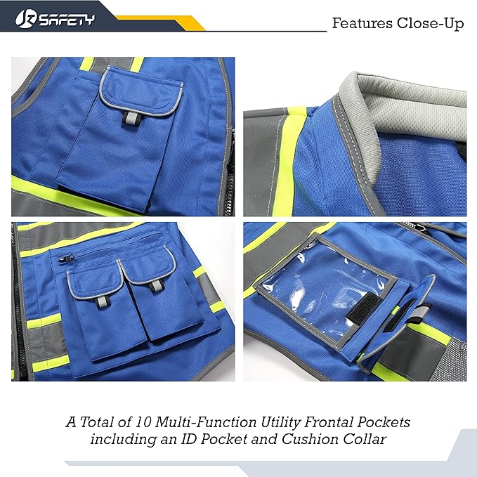 JKSafety 10 Pockets Hi-Vis Zipper Front Fluorescent Blue Safety Vest | Cushioned Collar | High Reflective Tapes with Extended Neon Yellow Strips | Meets ANSI/ISEA Standards (XX-Large, 89-Blue)