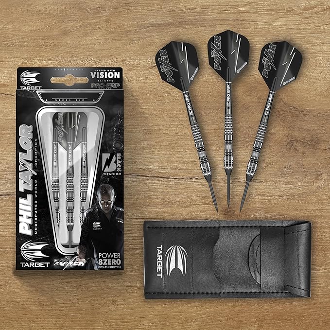 TARGET Darts Phil Taylor Power 8-Zero 4 Black Steel Tip Darts, 80% Tungsten Dart Set, P8Z4, 21G | Player Edition Darts with Fixed Points | Black Darts Case Included
